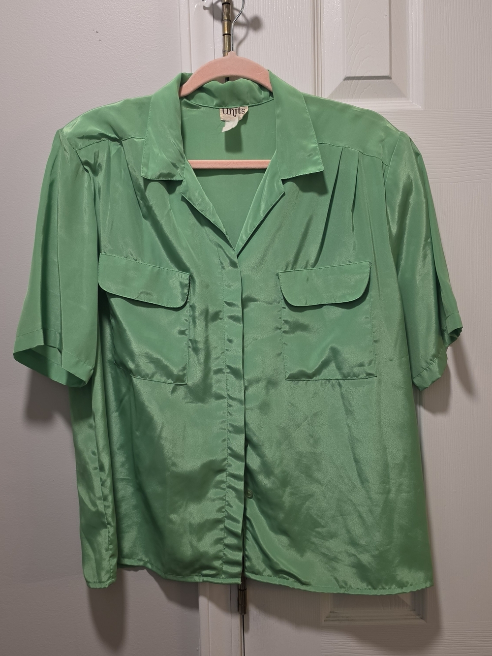 VTG 1980s Units Emerald Green Satin Boxy Camp Blouse